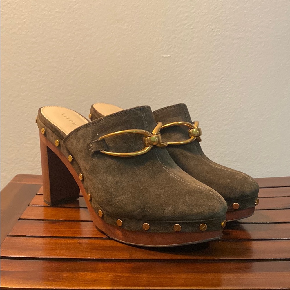 Veronica Beard Brown and Gold Mules with Wooden Heel